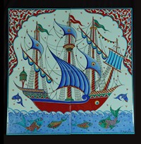 Four-tile panel with galleon pattern